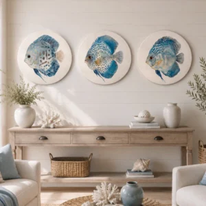 Set de 3 cuadros circulares Peces azules